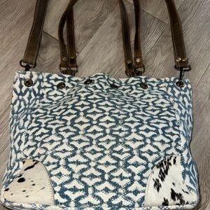 Myra Blue Woven Cowhide Accent Western Cowgirl Tote Bag Purse